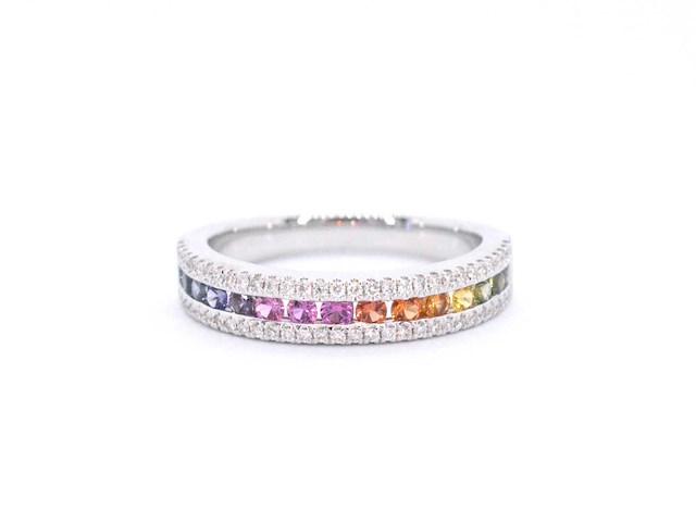 Witgouden ring met diamanten en multicolour saffieren - afbeelding 8 van  10