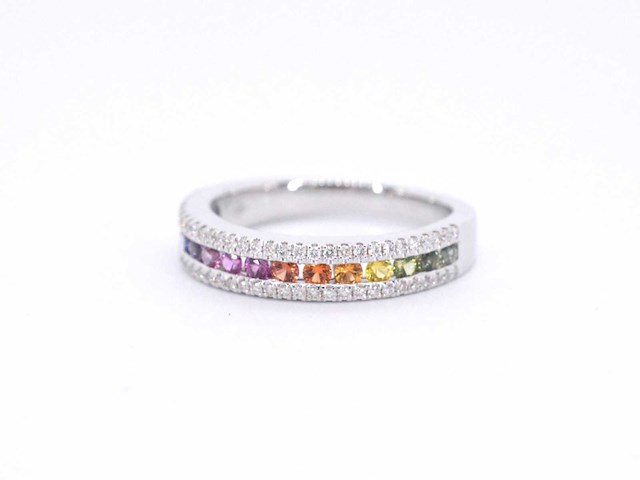 Witgouden ring met diamanten en multicolour saffieren - afbeelding 10 van  10