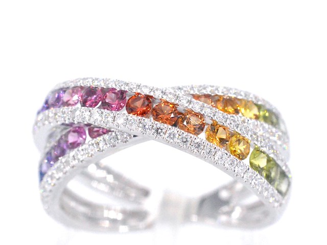 Witgouden ring met diamanten en multicolour saffieren - afbeelding 1 van  12