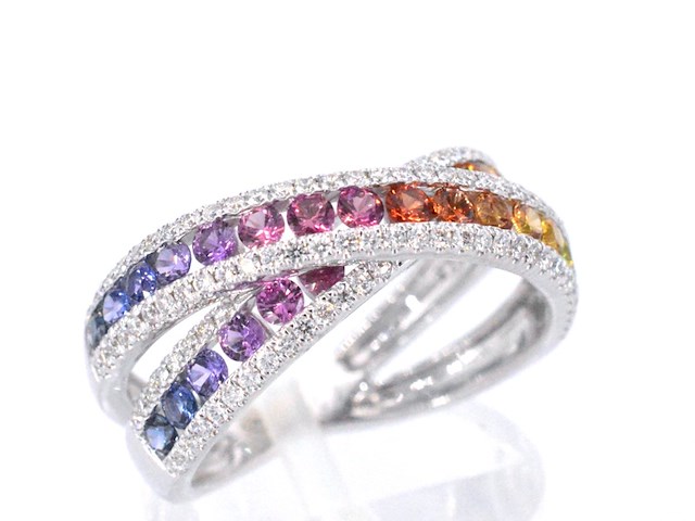 Witgouden ring met diamanten en multicolour saffieren - afbeelding 8 van  12