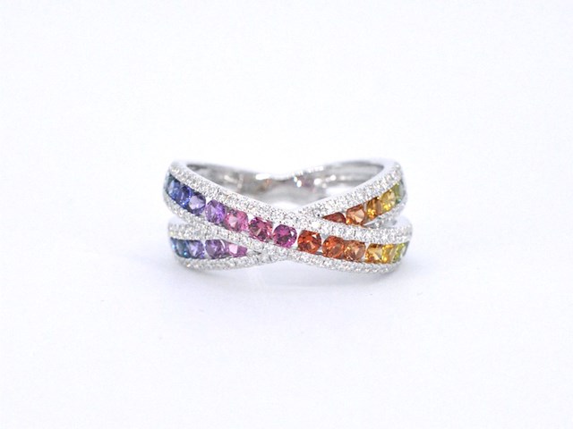 Witgouden ring met diamanten en multicolour saffieren - afbeelding 9 van  12