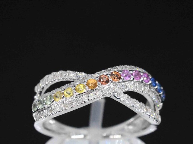 Witgouden ring met diamanten en multicolour saffieren - afbeelding 1 van  10