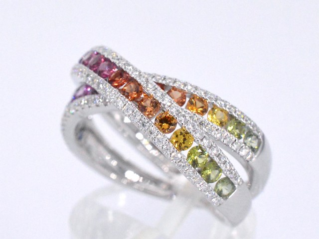 Witgouden ring met diamanten en multicolour saffieren - afbeelding 7 van  12