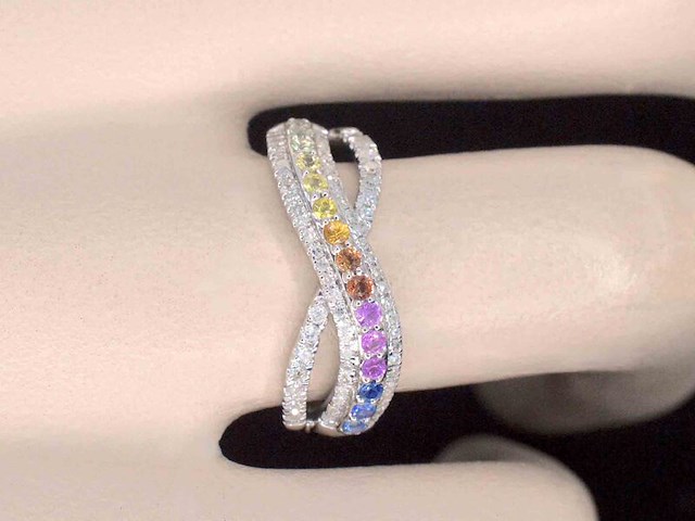 Witgouden ring met diamanten en multicolour saffieren - afbeelding 2 van  9