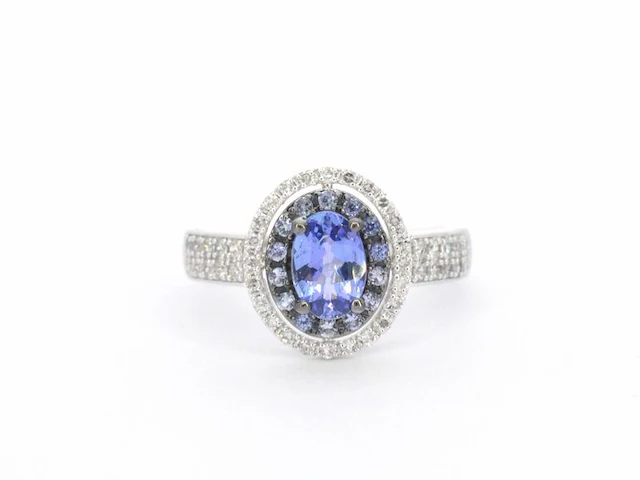 Witgouden ring met diamanten en tanzaniet - afbeelding 6 van  9