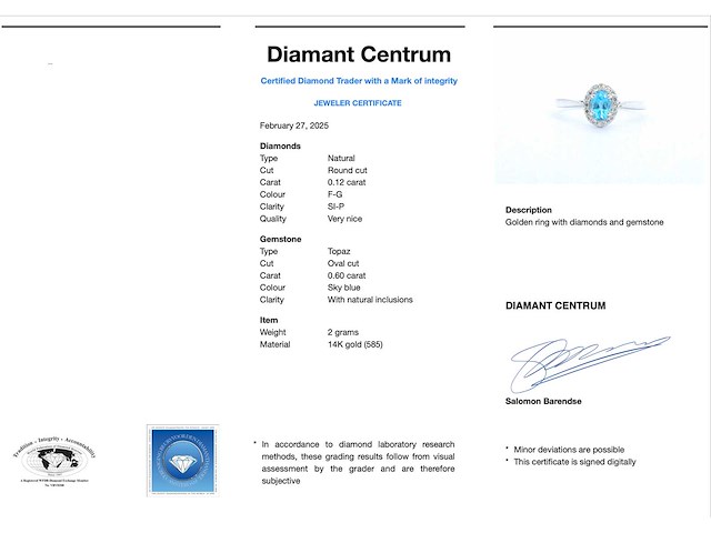 Witgouden ring met een blauwe topaas en natuurlijke diamanten - afbeelding 3 van  9