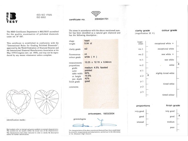 Witgouden ring met heart shape diamant 5.04 carat hrd gecertificeerd - afbeelding 5 van  10