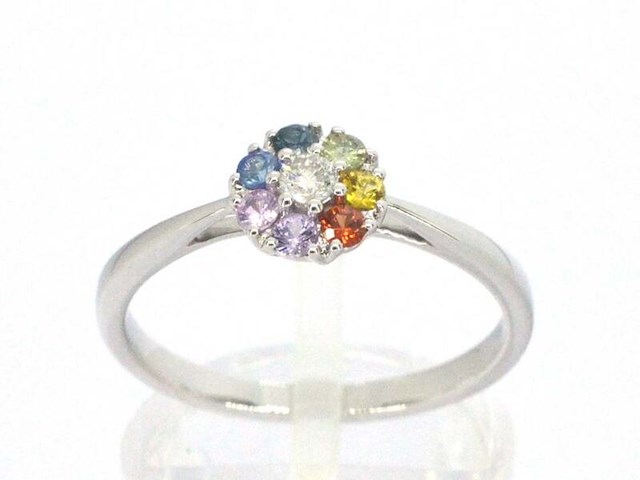 Witgouden ring met natuurlijke diamant en saffieren - afbeelding 1 van  11