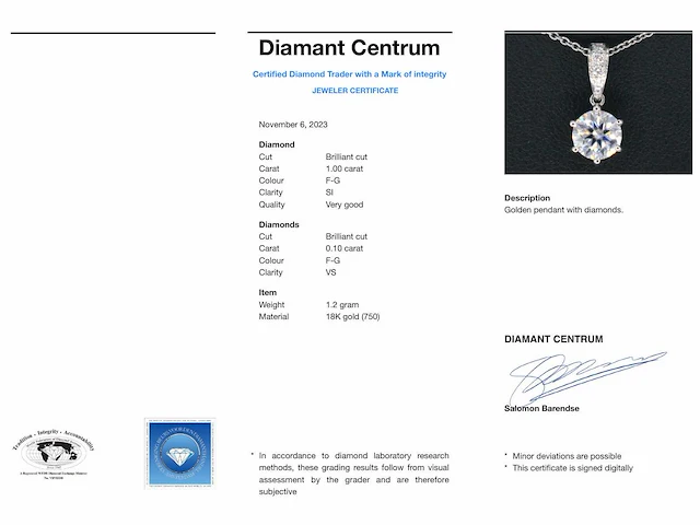 Witgouden solitair hanger diamant 1.00 ct - afbeelding 6 van  6
