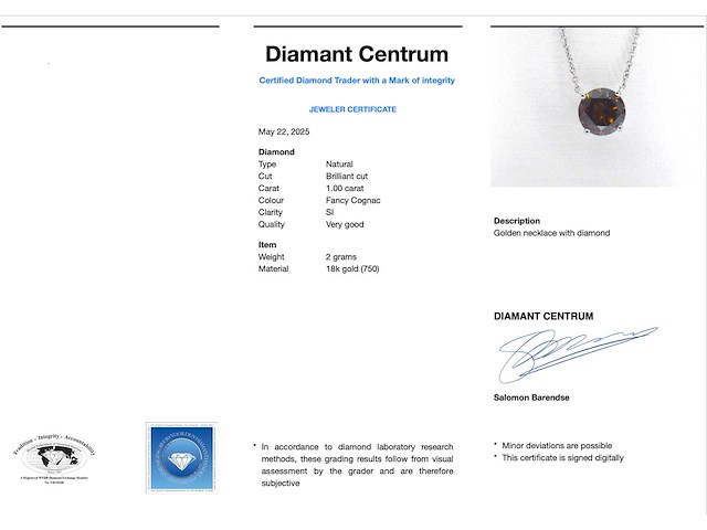 Witgouden solitair ketting met een cognac gekleurde diamant van 1.00 carat - afbeelding 3 van  8