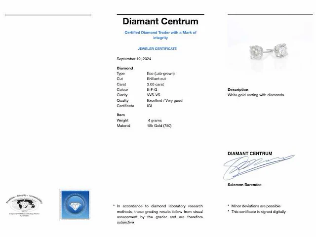 Witgouden solitair oorbellen 3.00 ct igi - afbeelding 9 van  9