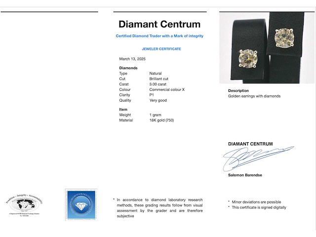 Witgouden solitair oorbellen met champagne diamant 3.00 carat - afbeelding 5 van  11