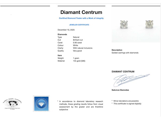 Witgouden solitair oorbellen met natuurlijke briljant geslepen diamanten - afbeelding 6 van  7