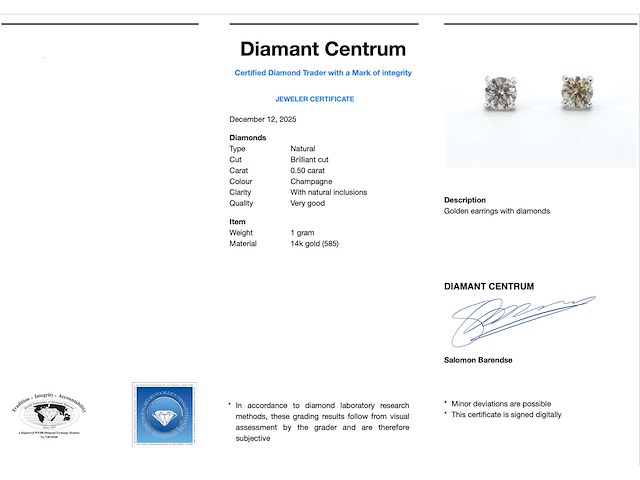 Witgouden solitair oorbellen met natuurlijke briljant geslepen diamanten - afbeelding 3 van  6