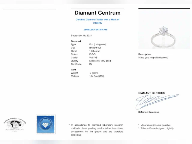 Witgouden solitair ring briljant 1.00 ct - afbeelding 4 van  12