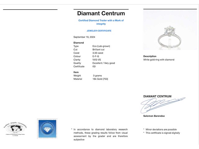 Witgouden solitair ring met 3.00 carat briljant geslepen diamant - afbeelding 4 van  10