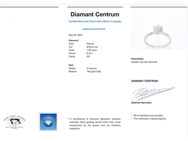 Witgouden solitair ring met briljant geslepen diamant 1.00 carat - afbeelding 6 van  12