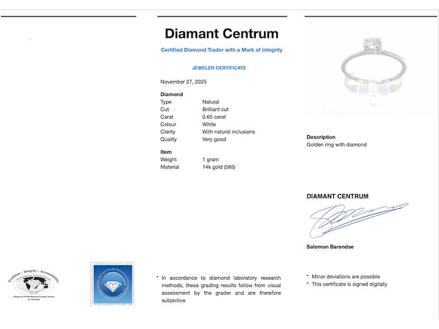 Witgouden solitair ring met natuurlijke briljant geslepen diamant - afbeelding 3 van  8