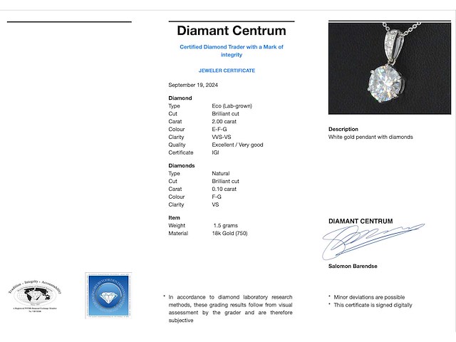 Witgouden solitaire hanger met een diamant van 2.00 carat - afbeelding 3 van  8