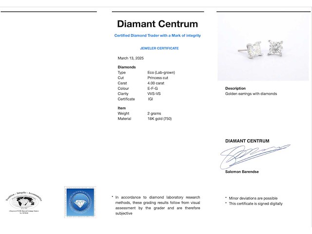 Witgouden solitaire oorbellen met 4.00 carat aan prinses geslepen diamanten - afbeelding 3 van  8