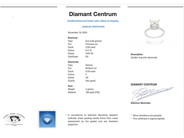 Witgouden solitaire ring met een grote prinses geslepen diamant van 3.00 carat - afbeelding 3 van  9