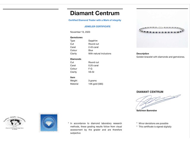 Witgouden tennis armband met diamanten en saffieren - afbeelding 3 van  9