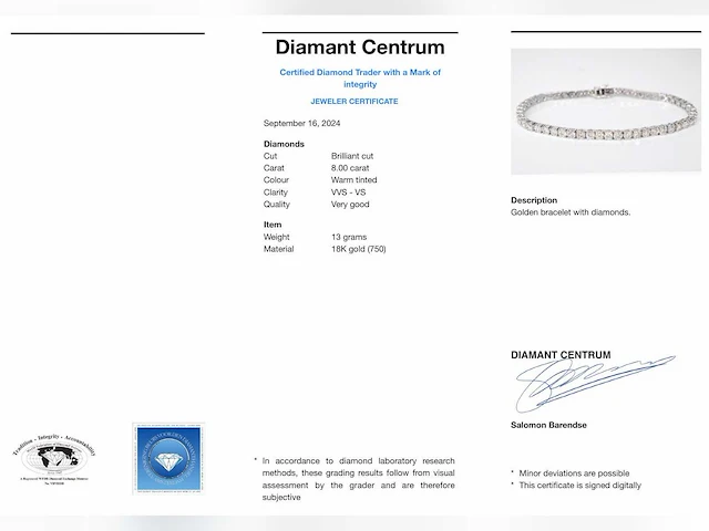 Witgouden tennisarmband briljant 8.00 ct - afbeelding 6 van  6