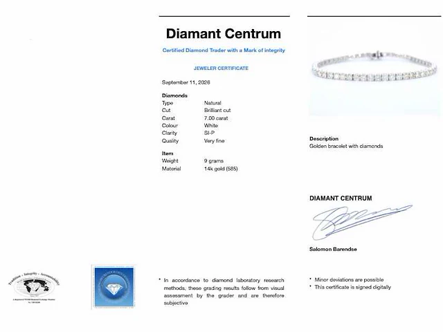 Witgouden tennisarmband diamant 7.00 ct - afbeelding 7 van  7