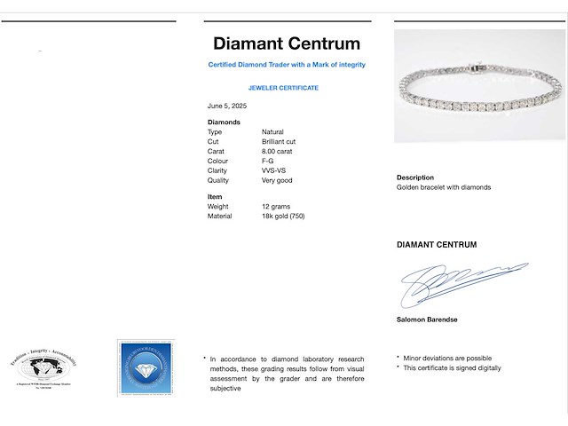 Witgouden tennisarmband met 8.00 carat diamant - afbeelding 3 van  6