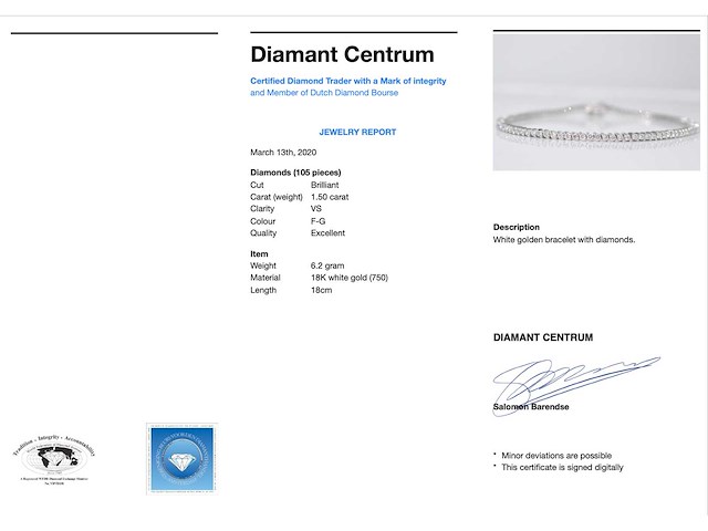 Witgouden tennisarmband met diamanten 1.50 carat - afbeelding 3 van  7