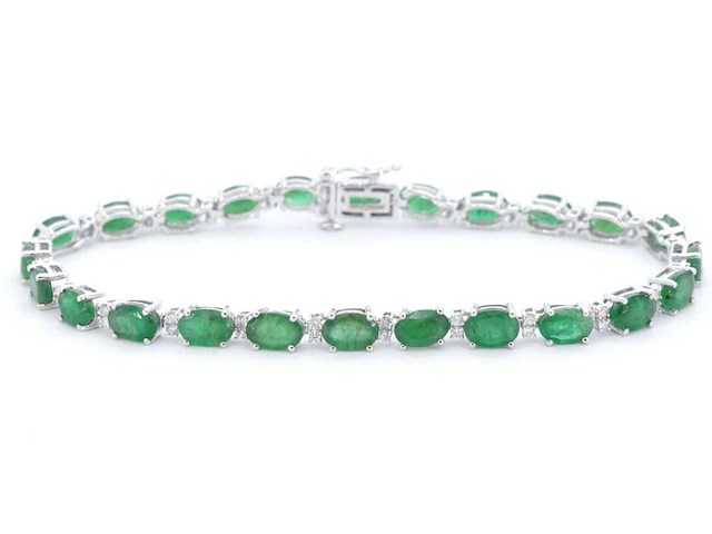 Witgouden tennisarmband met diamanten en smaragd - afbeelding 1 van  8