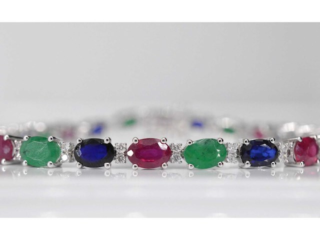 Witgouden tennisarmband met diamanten, saffier, robijn en smaragd - afbeelding 1 van  7