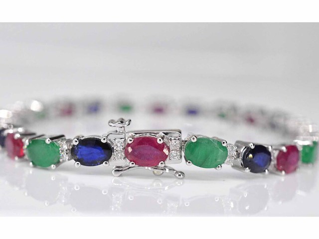 Witgouden tennisarmband met diamanten, saffier, robijn en smaragd - afbeelding 3 van  7