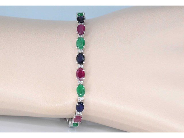 Witgouden tennisarmband met diamanten, saffier, robijn en smaragd - afbeelding 2 van  7