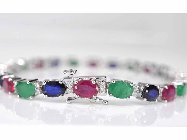 Witgouden tennisarmband met diamanten, saffier, robijn en smaragd - afbeelding 3 van  7