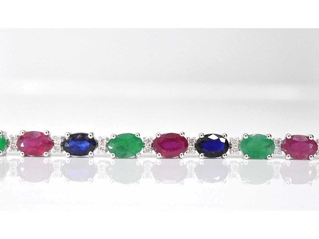 Witgouden tennisarmband met diamanten, saffier, robijn en smaragd - afbeelding 4 van  7