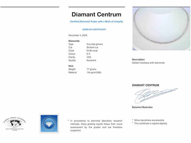 Witgouden tenniscollier 10.00 ct diamant - afbeelding 8 van  9