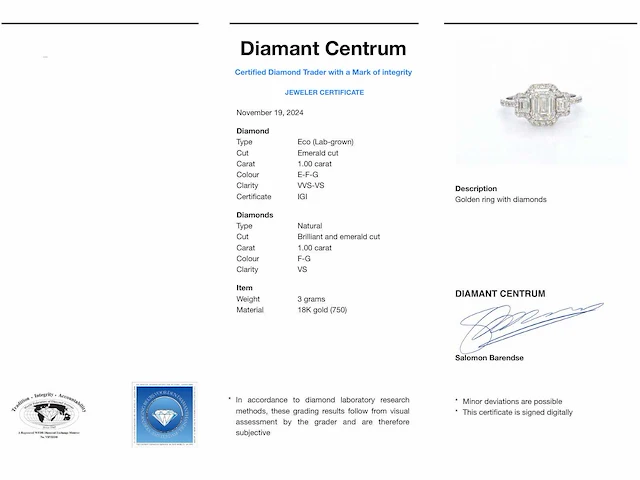 Witgouden trinity ring emerald diamant - afbeelding 9 van  9