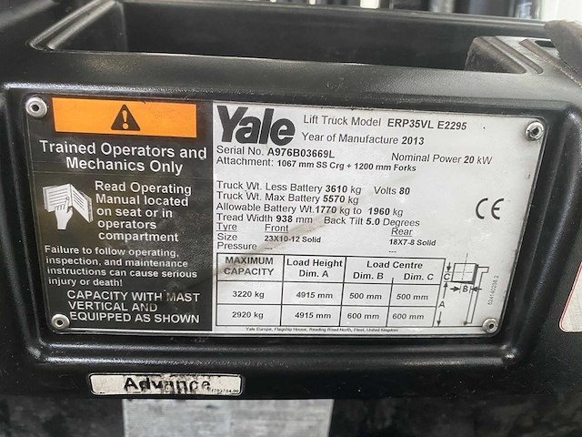 Yale - 2013 - erp 35 vl - vorkheftruck - triplex - free-lift - side-shift - afbeelding 4 van  7