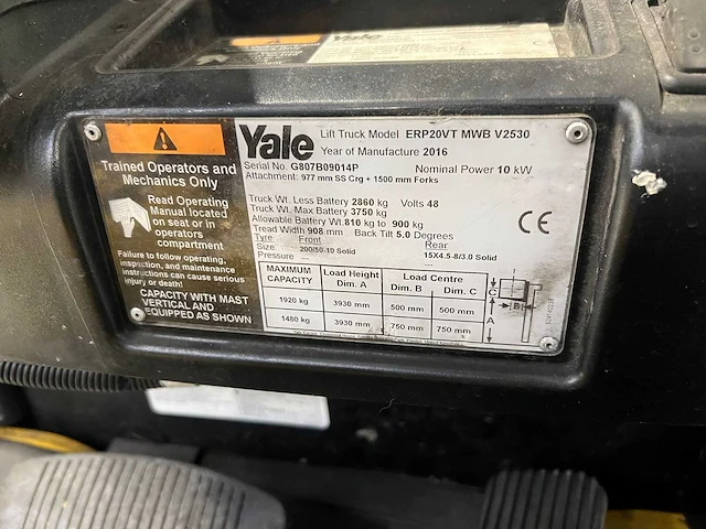 Yale - 2016 - erp20vt - 3.93m duplex, side-shift - vorkheftruck - afbeelding 5 van  7