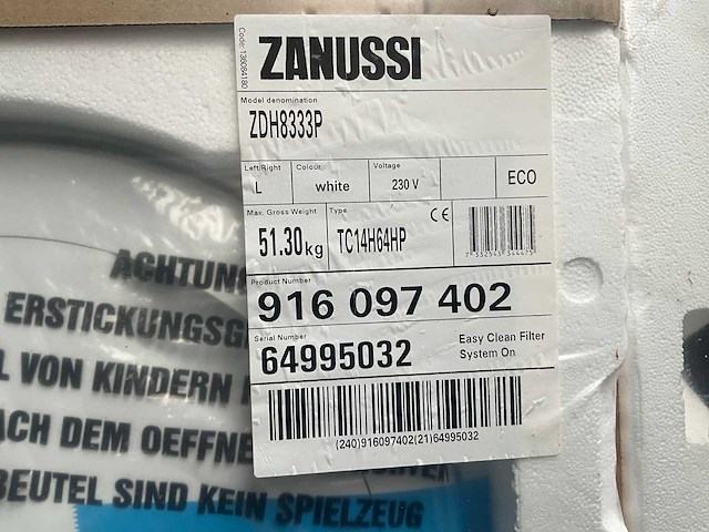 Zanussi - warmtepomp droger 8 kg - zdh833p - wasmachine - afbeelding 2 van  2
