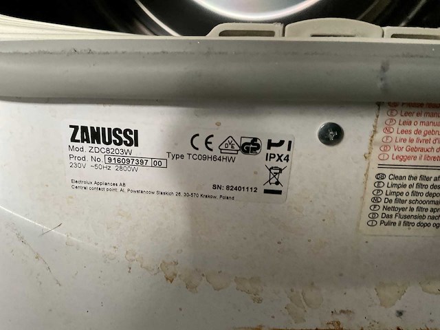 Zanussi lindo300 zdv8203w wasdroger - afbeelding 3 van  4