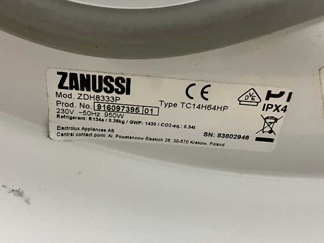 Zanussi tc14h64hp 8kg warmtepompdroger - afbeelding 4 van  4