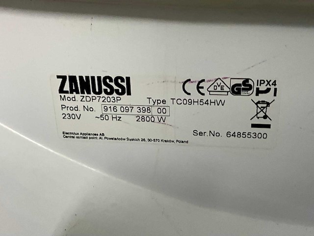 Zanussi zdp7203p 7kg condensdroger - afbeelding 3 van  3