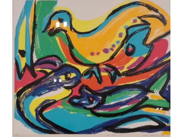 Zeefdruk in lijst, maya wildevuur, vogel vissen, 1992, 36/175 - afbeelding 1 van  10