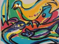 Zeefdruk in lijst, maya wildevuur, vogel vissen, 1992, 36/175