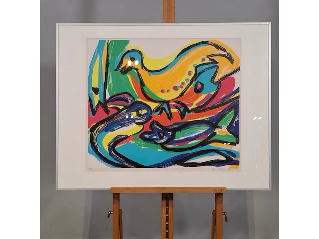 Zeefdruk in lijst, maya wildevuur, vogel vissen, 1992, 36/175 - afbeelding 3 van  10