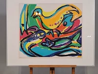 Zeefdruk in lijst, maya wildevuur, vogel vissen, 1992, 36/175 - afbeelding 3 van  10
