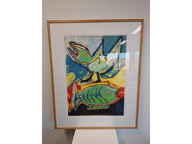 Zeefdruk, maya wildevuur (1944-2023), vogel en vis, 1994 - afbeelding 1 van  9