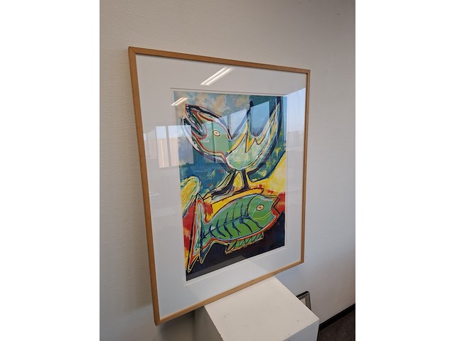 Zeefdruk, maya wildevuur (1944-2023), vogel en vis, 1994 - afbeelding 2 van  9
